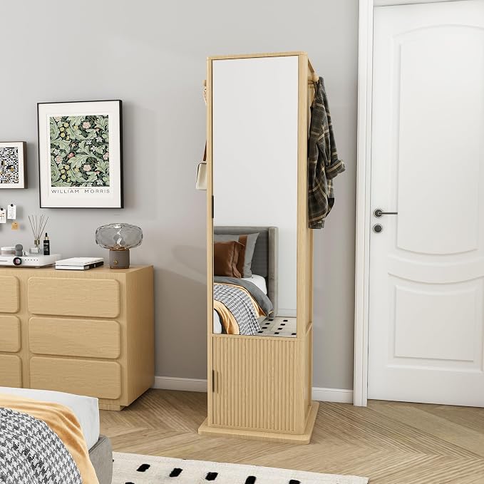 360° Rotating Jewelry Cabinet, 66.5" Standing Jewelry Armoire with Full-Length Mirror + Hidden Storage + 4-Tier Shelf + Coat Racks, Multi-Functional Jewelry Organizer for Bedroom, Entryway