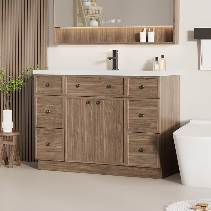 LUCKWIND 48" Bathroom Vanity Sink Combo, Modern Bathroom Cabinet with Single Undermount Solid Surface Vanity Sink, Soft-Close Hinges & Water-Saving Faucet, Taupe