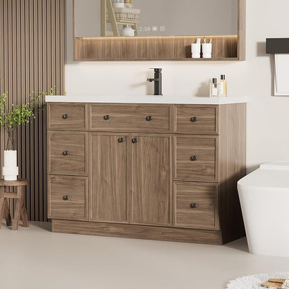 LUCKWIND 48" Bathroom Vanity Sink Combo, Modern Bathroom Cabinet with Single Undermount Solid Surface Vanity Sink, Soft-Close Hinges & Water-Saving Faucet, Taupe