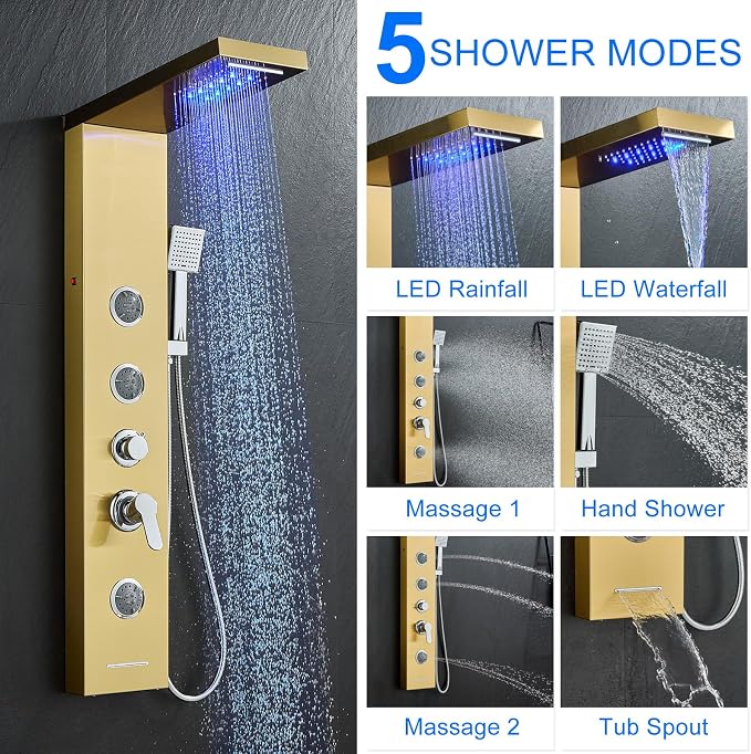 5-in-1 Shower Panel Tower System with LED Lights, 2-in-1 Body Massage, Rainfall, Waterfall,Handheld and Tub Spout, Stainless Steel Shower Column - Gold