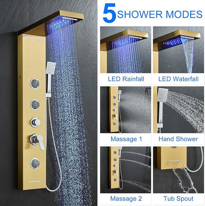 5-in-1 Shower Panel Tower System with LED Lights, 2-in-1 Body Massage, Rainfall, Waterfall,Handheld and Tub Spout, Stainless Steel Shower Column - Gold