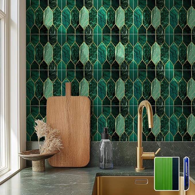 funlife Holographic Emerald Art Deco Peel and Stick Backsplash Self-Adhesive PVC Wall Tiles Easy DIY with Tools for Kitchen Bathroom and Laundry Room 7.87"x7.87"x50-Sheet Hex Emerald