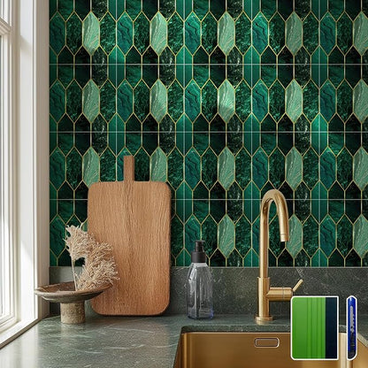 funlife Holographic Emerald Art Deco Peel and Stick Backsplash Self-Adhesive PVC Wall Tiles Easy DIY with Tools for Kitchen Bathroom and Laundry Room 7.87"x7.87"x10-Sheet Hex Emerald