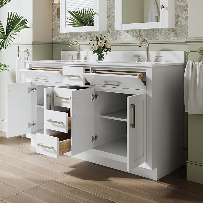 60-Inch Bathroom Vanity with Double Sinks W/ 4 Doors & 4 Drawers & 2 Flip Drawers, White Vanity W/Brushed Nickel Handles
