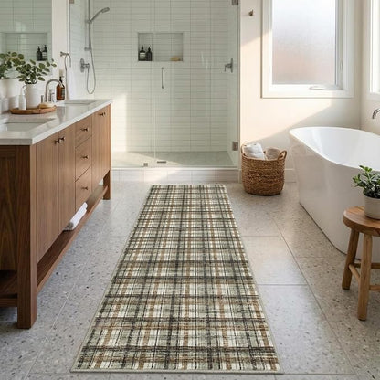 Washable Runners for Hallways 2x8 Rug Modern Bathroom Rugs Non Slip Kitchen Rugs Farmhouse Low Pile Entryway Rug Soft Stain Resistant Carpet for Laundry Hallway Bedside, 2'x8' Celadon&Coffee