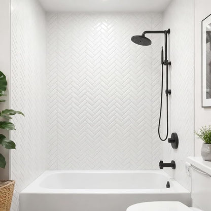 From Plain To Beautiful In Hours 133-HERR-KIT Herringbone Tile Tub and Shower Wall Panels Surround, Gloss White, 96 Square Feet