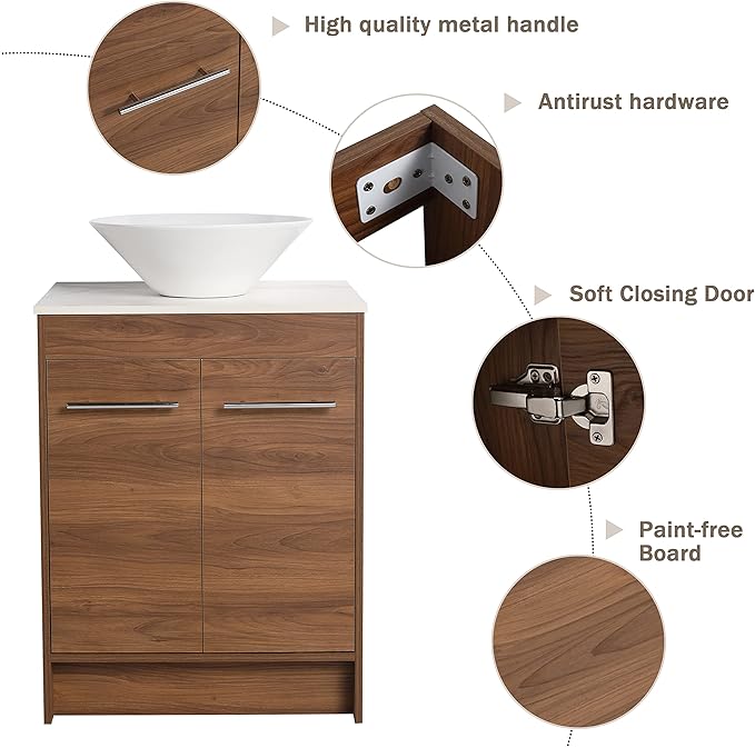 24" Bathroom Vanity, 24 Inch Freestanding Vanity with Ceramic Vessel Sink, Modern Single Sink Bathroom Vanity Combo, Brown Floor Standing Storage Cabinet Set(BRE217, 24 * 18)