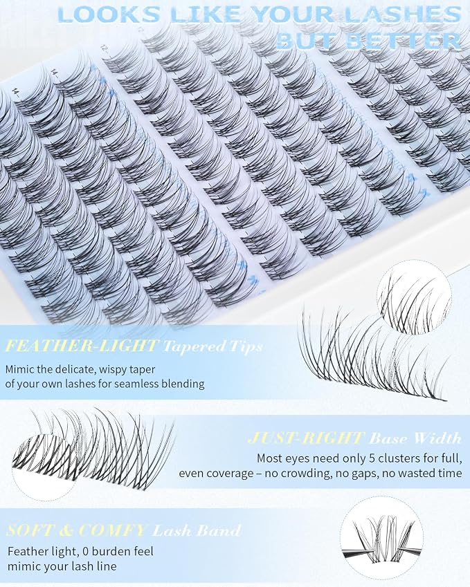 Wispy Lash Clusters Natural Eyelash Clusters Venus Short 10-12-14mm Cluster Eyelash Extensions Clear Band Clusters Lashes C Curl Individual Lashes Clusters DIY Lash Extensions Natural Look