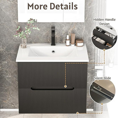 EROMMY 24 Inch Bathroom Vanity with Sink, Floating Bathroom Vanity with Ceramic Basin, Wall Mounted Bathroom Sink Cabinet Set with Soft-Close 2 Drawers, Faucet & Pop Up Drain, Black