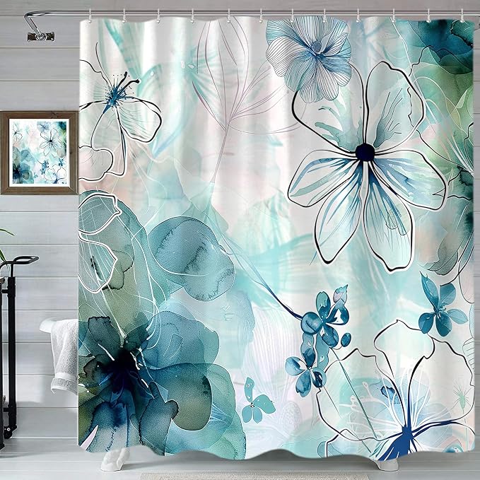 Sanzugh Teal Floral Shower Curtain, Boho Emerald Sage Hunter Olive Green Blue Abstract Flowers Art Cute Fabric Shower Curtains Set for Bathroom Decorative with Hooks 60 X 72 inch Spring Bath Decor