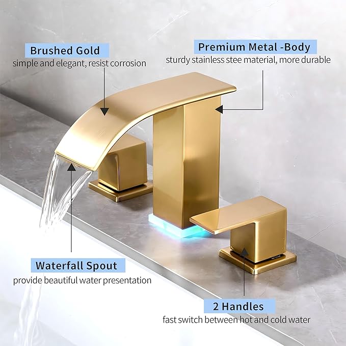 Brushed Gold Waterfall Bathroom Faucet 8 inch Widespread Vanity faucets Modern Faucet 3 Hole 2 Handle Gold Sink Faucet for Bathroom with LED(Brushed Gold)