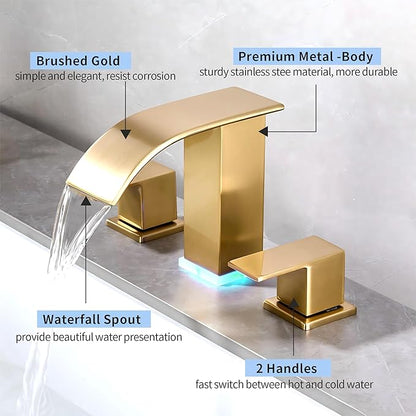 Brushed Gold Waterfall Bathroom Faucet 8 inch Widespread Vanity faucets Modern Faucet 3 Hole 2 Handle Gold Sink Faucet for Bathroom with LED(Brushed Gold)
