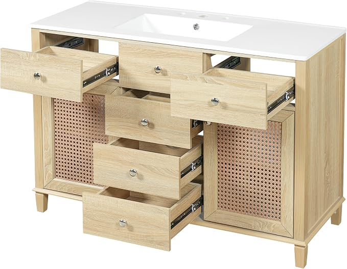 48-Inch Natural Rattan Bathroom Vanity with Ceramic Sink, Bathroom Storage Cabinet with Solid Wood Frame, Drawers &Rattan Doors, Soft-Close,Space Saving Vanity Sink for Bathroom
