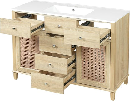 48-Inch Natural Rattan Bathroom Vanity with Ceramic Sink, Bathroom Storage Cabinet with Solid Wood Frame, Drawers &Rattan Doors, Soft-Close,Space Saving Vanity Sink for Bathroom