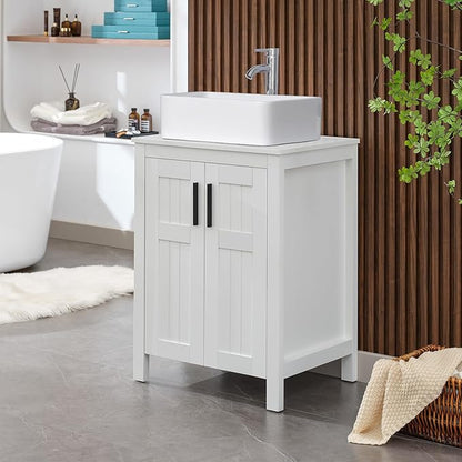 UEV White 24" Bathroom Vanity with Sink Combo, Modern Rectangle Ceramic Vessel Sink, Grooved Doors & Metal Handles