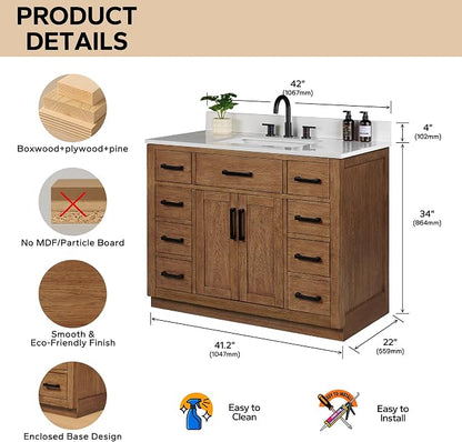42-inch Dark Walnut Bathroom Vanity with Sink, Solid Wood, 0.79-inch Stone Countertop and Backsplash, 9 Drawers, 2 Soft Closing Doors