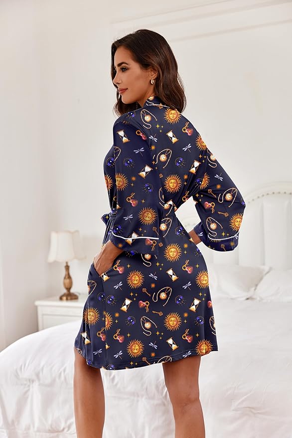 Ekouaer Women Kimono Robes Knee Length Knit Bathrobe Lightweight Soft Sleepwear V-neck Casual Ladies Loungewear