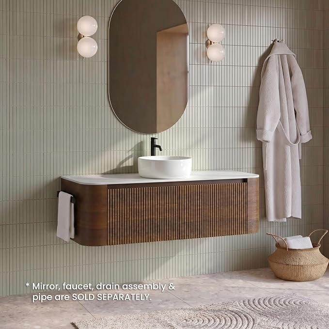 48" Preassembled Floating Bathroom Vanity with Round Sink, Walnut | Mid-Century Modern Style, Fluted & Soft-Close Drawer with U-shaped Wall, Sinterted Stone Countertop, Towel Rack Included