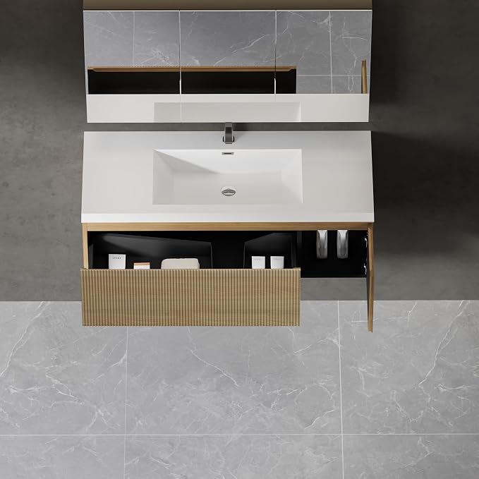 48" Floating Bathroom Vanity with Sink, Wall-Mounted Modern Oak Storage Cabinet, Wave-Textured Soft-Close Drawer & Glossy White Solid Surface Basin, Natural Oak