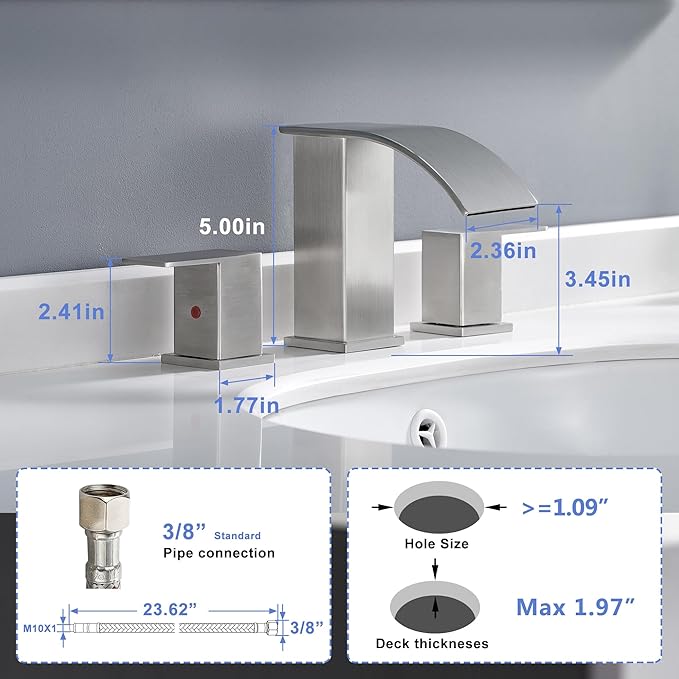 Bathroom Faucet 3 Holes Nickel - 8Inch Waterfall Bathroom Sink Faucet | Two Handles Widespread Lavatory Vanity Sink Faucets with Pop-up Drain Assembly & Supply Lines Brushed Nickel