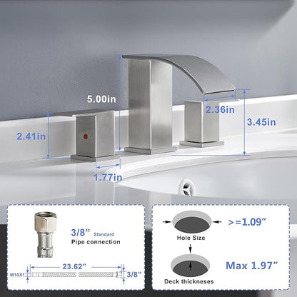 Bathroom Faucet 3 Holes Nickel - 8Inch Waterfall Bathroom Sink Faucet | Two Handles Widespread Lavatory Vanity Sink Faucets with Pop-up Drain Assembly & Supply Lines Brushed Nickel