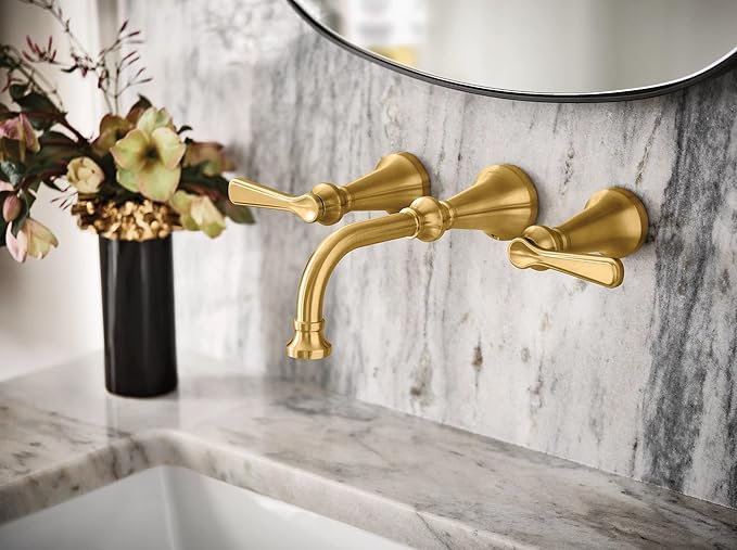 Moen Colinet Brushed Gold Traditional Lever Handle Wall Mount 8" Widespread Bathroom Faucet Trim, Valve Required, TS44104BG