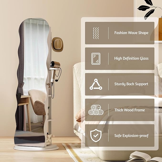 Vlsrka 360° Swivel Jewelry Armoire with Full Length Wave Mirror, White | Lockable Mirror Jewelry Cabinet Standing, Interior LED Makeup Mirror, Foldable Shelf, Large Capacity, Gift for Women, Girls