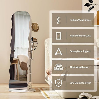 Vlsrka 360° Swivel Jewelry Armoire with Full Length Wave Mirror, White | Lockable Mirror Jewelry Cabinet Standing, Interior LED Makeup Mirror, Foldable Shelf, Large Capacity, Gift for Women, Girls