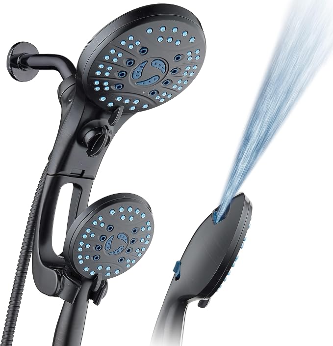 AquaCare 50-mode High Pressure Shower Head Combo with Arm & Dual Power Wash | Hygienic Jets, 2-mode Handheld Power Wash for Tub, Tile & Pets, Long 6 ft. Stainless Steel Hose, Extra Wall Bracket / Bronze