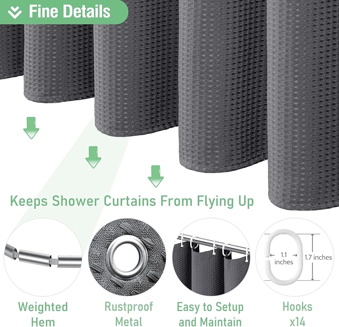 Extra Wide Waffle Shower Curtain 256GSM Fabric 84x72 Charcoal Grey | 84 Inch Wide, Thick Cloth, Weighted Hem, Water Repellent, Hotel Luxury Polyester Shower Curtain Set for Bathroom 14 Hooks