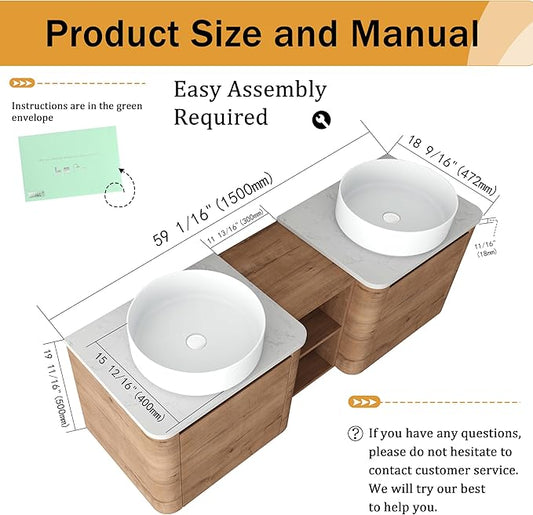 Malwee 60" Floating Bathroom Vanity with Sink, 60 Inch Wall Mounted Bathroom Cabinet Combo, Modern Double Sink Bath Storage Vanity Set, with 2 Soft Close Doors and Ceramic Vessel Basin Top(60-400
