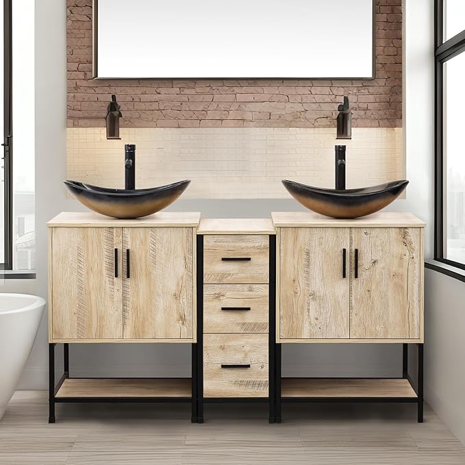 UEV Rustic 60" Double Sink Bathroom Vanity with Sink Combo,Industrial Iron Frame Bathroom Cabinet Sets with Middle 3 Drawers Cabinet (Rustic Oak, 029CH)
