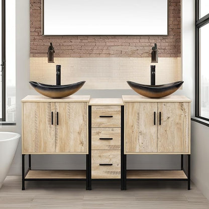UEV Rustic 60" Double Sink Bathroom Vanity with Sink Combo,Industrial Iron Frame Bathroom Cabinet Sets with Middle 3 Drawers Cabinet (Rustic Oak, 029CH)