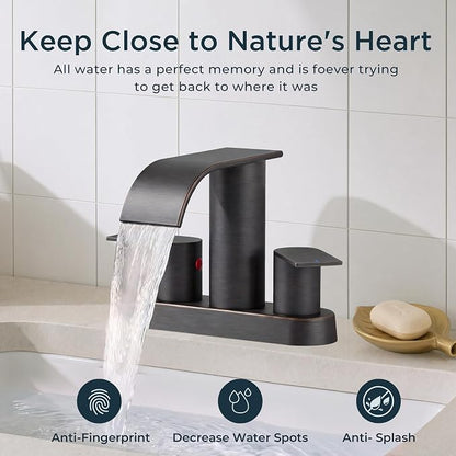 FORIOUS Bathroom Faucet 4 Inch Centerset 2 Hole Waterfall Oil Rubbed Bronze | Bathroom Sink Faucet 2 Handles with Pop up Drain and cUPC Hose, Lead-Free, Suitable for RV Vanity Lavatory and Restroom