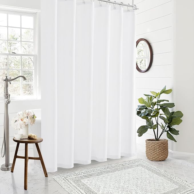 White Linen Shower Curtain for Bathroom Water Repellent 72x96 Inch | Extra Long Shower Curtains, Boho Farmhouse, Extra Tall Hotel Curtains, 72 x 96 Inches Long Drapes, with Hooks, 8Ft
