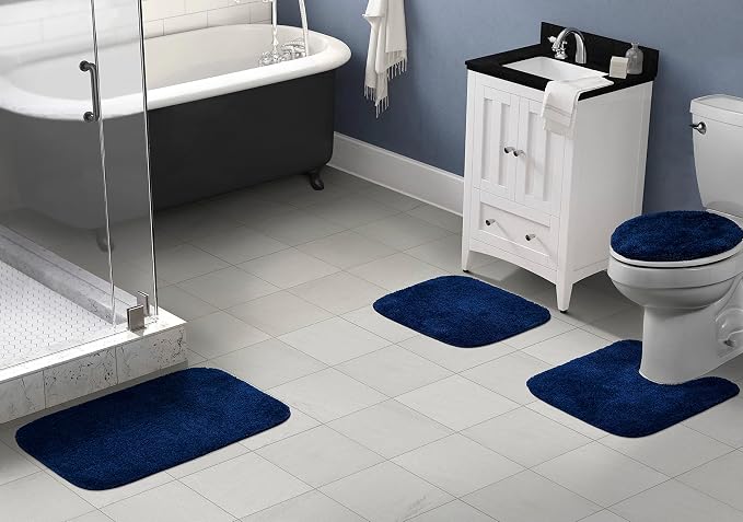 Garland Rug Traditional Nylon Washable Navy 4 Piece Set - Lid, Contour, 2 Bath Rugs - Soft, Absorbent, and Stylish for Your Bathroom