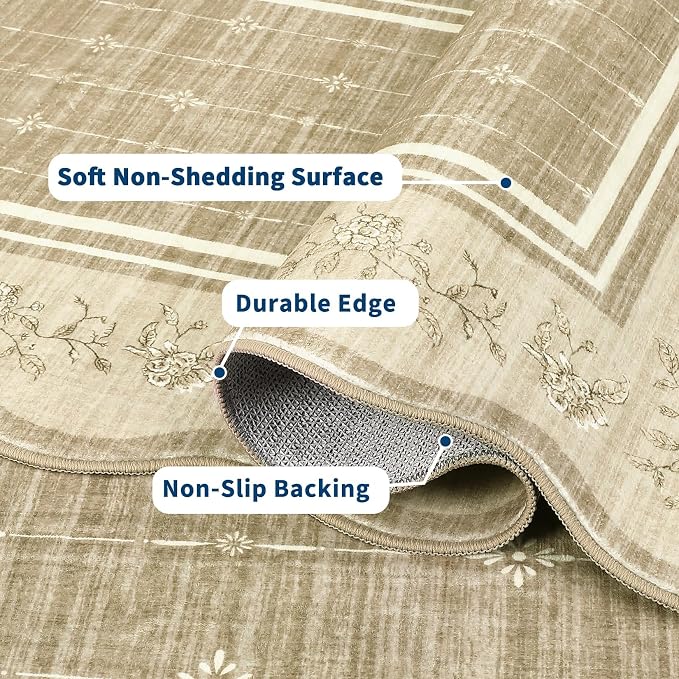 Garvee Washable Rugs for Living Room 8x10 Area Rugs Scalloped Rug Camel | Modern Bordered Non Slip Large Kids Bedroom Carpet Indoor Stain Resistant Floor Cover for Bedroom Dining Room Office Nursery