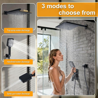 Shower System Modern Rain Brass Faucet Set With Valve and Diverter Shower Mixer With Handheld High Pressure Square Rainfall Shower Valve (12'' Wall Mount, Matte Black)