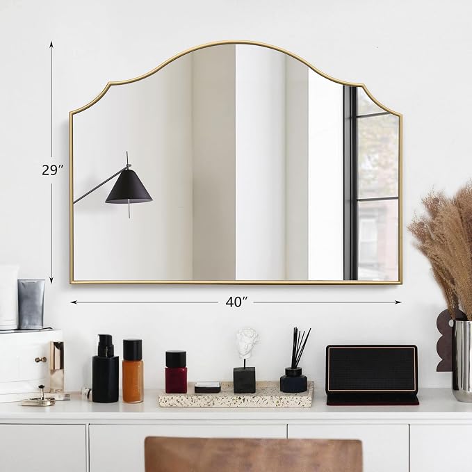 Besdomus Gold Scalloped Wall Mirror: 40"x29" Large Wooden Bathroom Mirror | Modern Minimalist Decorative Arched Mirror for Vanity/Dresser/Bedroom/Entryway/Fireplace/Living Room/Dining Room/Over Sink