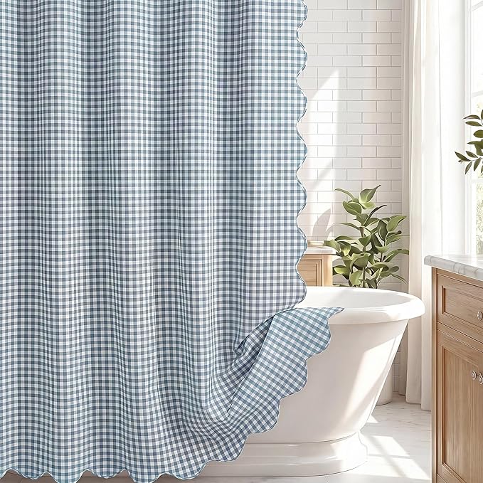 HunnmingRe Scalloped Gingham Shower Curtain Dust Blue | 72'' x 72'' Vintage Farmhouse Curtain, Cotton Cottage Core Rural Checkered Plaid Decor, Fall Shower Curtain for Bathroom