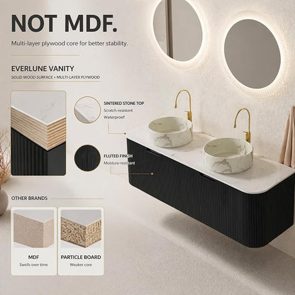 60 Inch Double Sink Bathroom Vanity, Floating Wall Mounted Cabinet, Black Curved Fluted Front, Stone Top, Dual Marble-Look Round Vessel Basins, Pre-Assembled