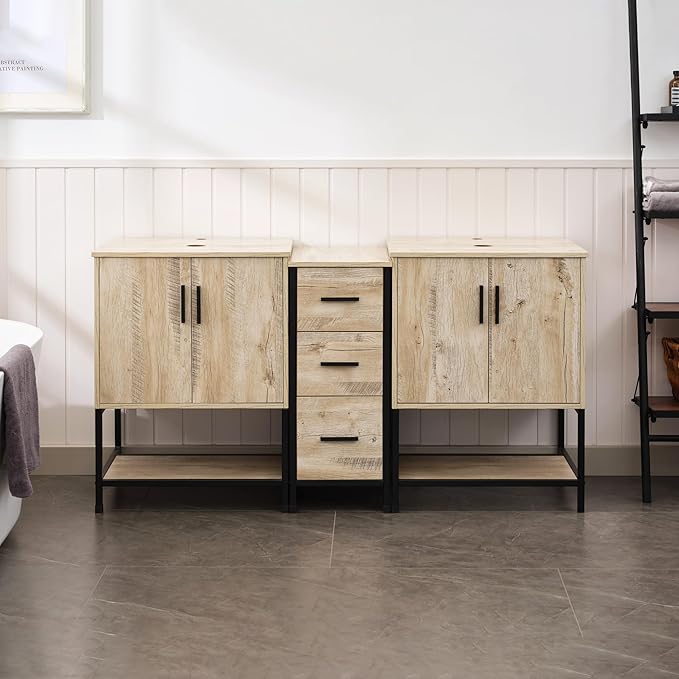 UEV Rustic Oak 60" Double Bathroom Vanity with Sink Combo,Industrial Iron Frame 2 Main Bathroom Vanity with Middle 3 Drawers Cabinet(Without Sink Combo)