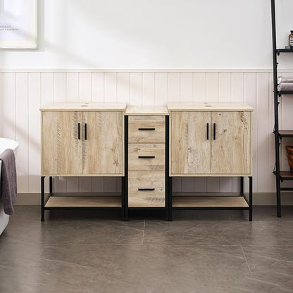 UEV Rustic Oak 60" Double Bathroom Vanity with Sink Combo,Industrial Iron Frame 2 Main Bathroom Vanity with Middle 3 Drawers Cabinet(Without Sink Combo)