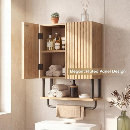 Fluted Bathroom Wall Cabinet,Wooden Medicine Cabinet with Towel Bar Oak | Fernitry Over the toilet Storage Cabinet Wall Mounted with Adjustable Shelf and Towel Bar 3-Tier 2 Doors Curved Modern