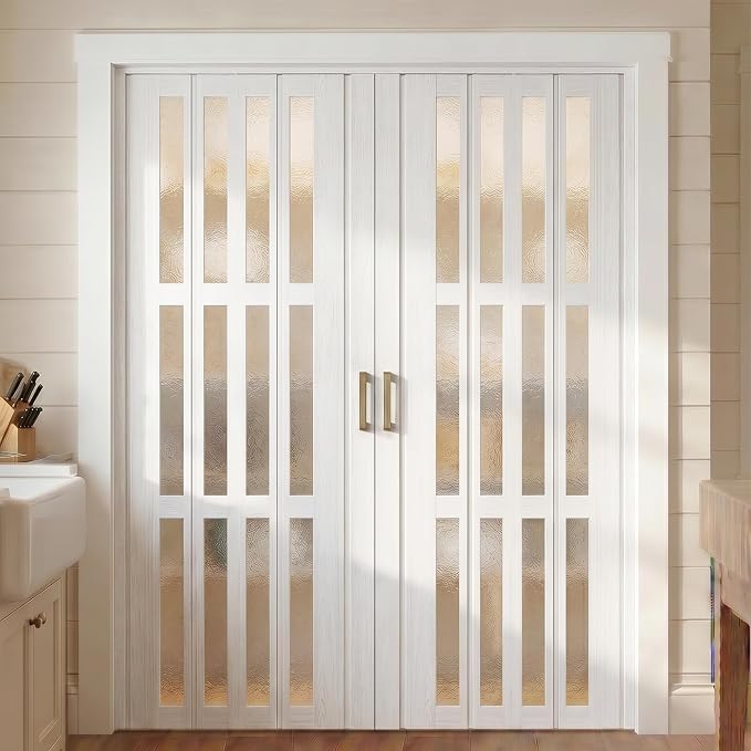SmartStandard 72" x 80" Double Accordion Doors with Frosted Glass, White | Save Space, Full-Side Magnetic Strip, Double-Layer PVC Accordion Doors Interior for Doorway Closet, Easy to Assemble