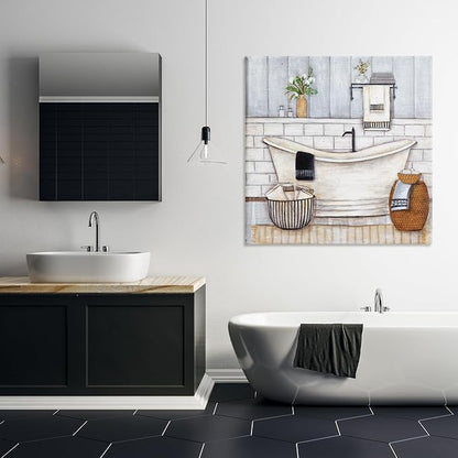 Bathroom Farmhouse Tub Floral, 36 x 36 Inch Canvas Wall Art | Stupell Industries · By Yellow Cafe · Ready to hang · Charming bath and laundry decor · Made in USA