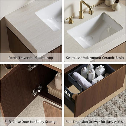 30” Floating Bathroom Vanity with Sink, Wall-Mounted Cabinet with Drawer & Doors, Roma Travertine-Pattern Countertop, Undermount Basin, 3 Faucet Hole, Soft-Close, Pre-Assembled, Brown Oak