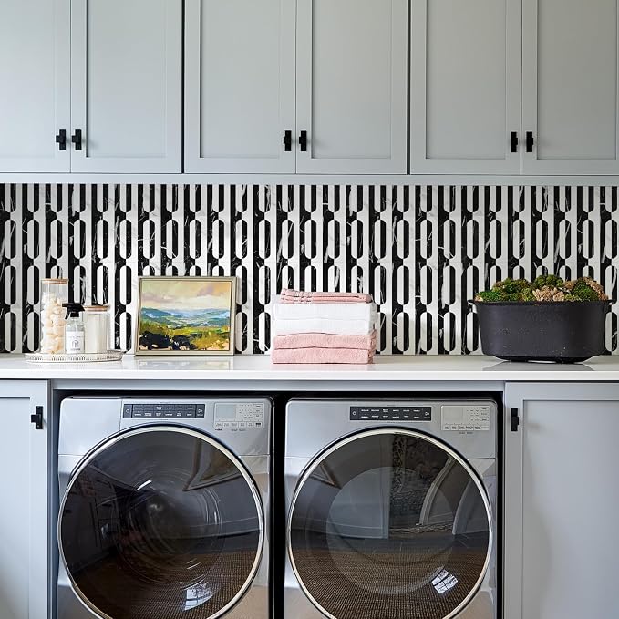 STICKGOO Peel and Stick Backsplash Tiles 12"x12", Waterproof Stick on Kitchen & Bathroom Backsplash, PVC Self Adhesive Wall Tiles for Fireplace, White/Marble Black (10 Sheets)