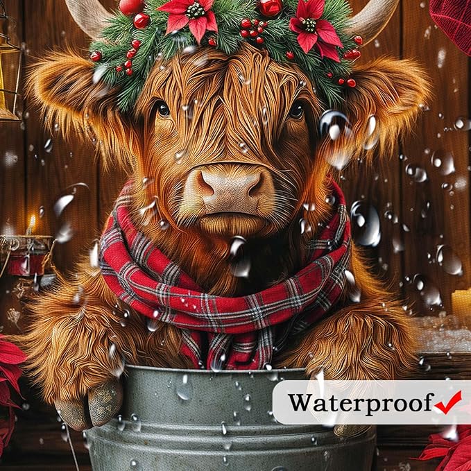 Christmas Highland Cow Shower Curtain, Winter Funny Cow Rustic Western Farmhouse Brown Wood Board Shower Curtain Set Bathroom, Xmas Snowflake Holiday Fabric Bath Decor with Hooks 70X70IN