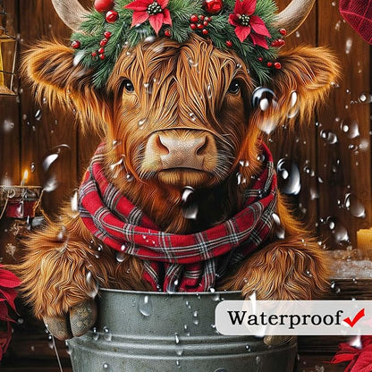 Christmas Highland Cow Shower Curtain, Winter Funny Cow Rustic Western Farmhouse Brown Wood Board Shower Curtain Set Bathroom, Xmas Snowflake Holiday Fabric Bath Decor with Hooks 60X70IN